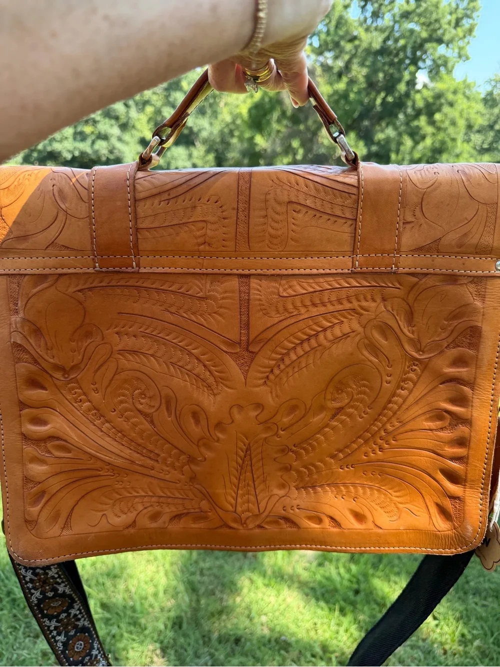 Hand-Tooled Tan Leather Briefcase Satchel